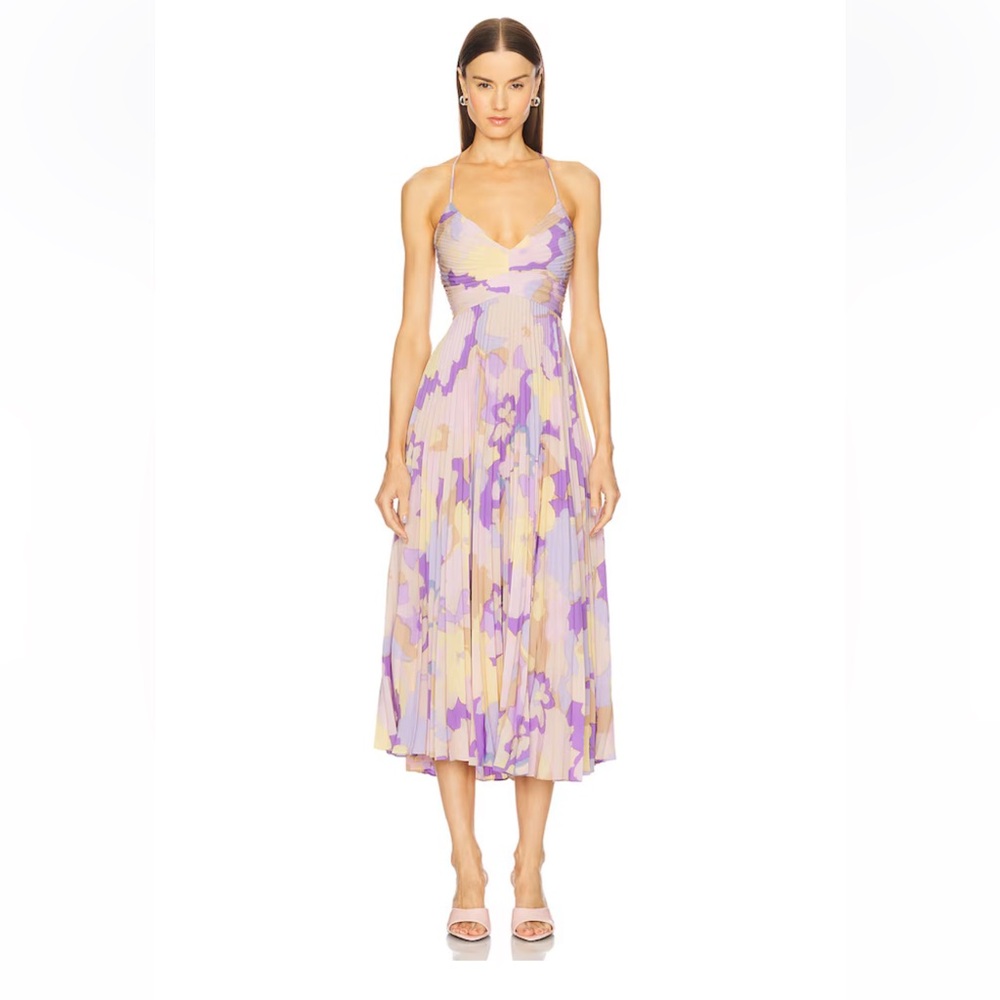 astr the label blythe purple & pink floral plisse pleated midi dress size small